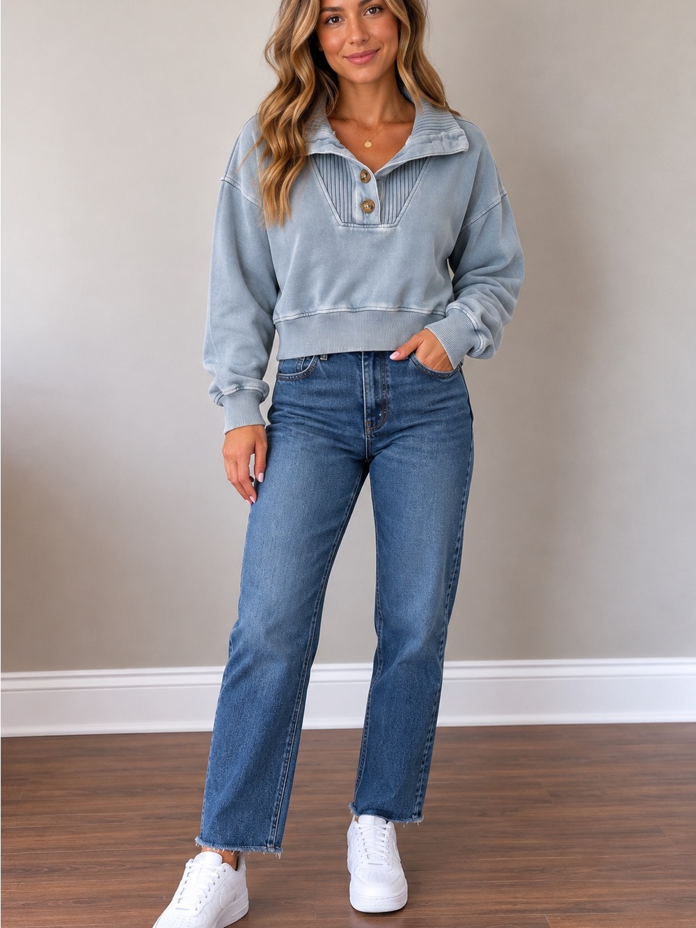aerie Pale Blue Funnel Collar Button Pullover